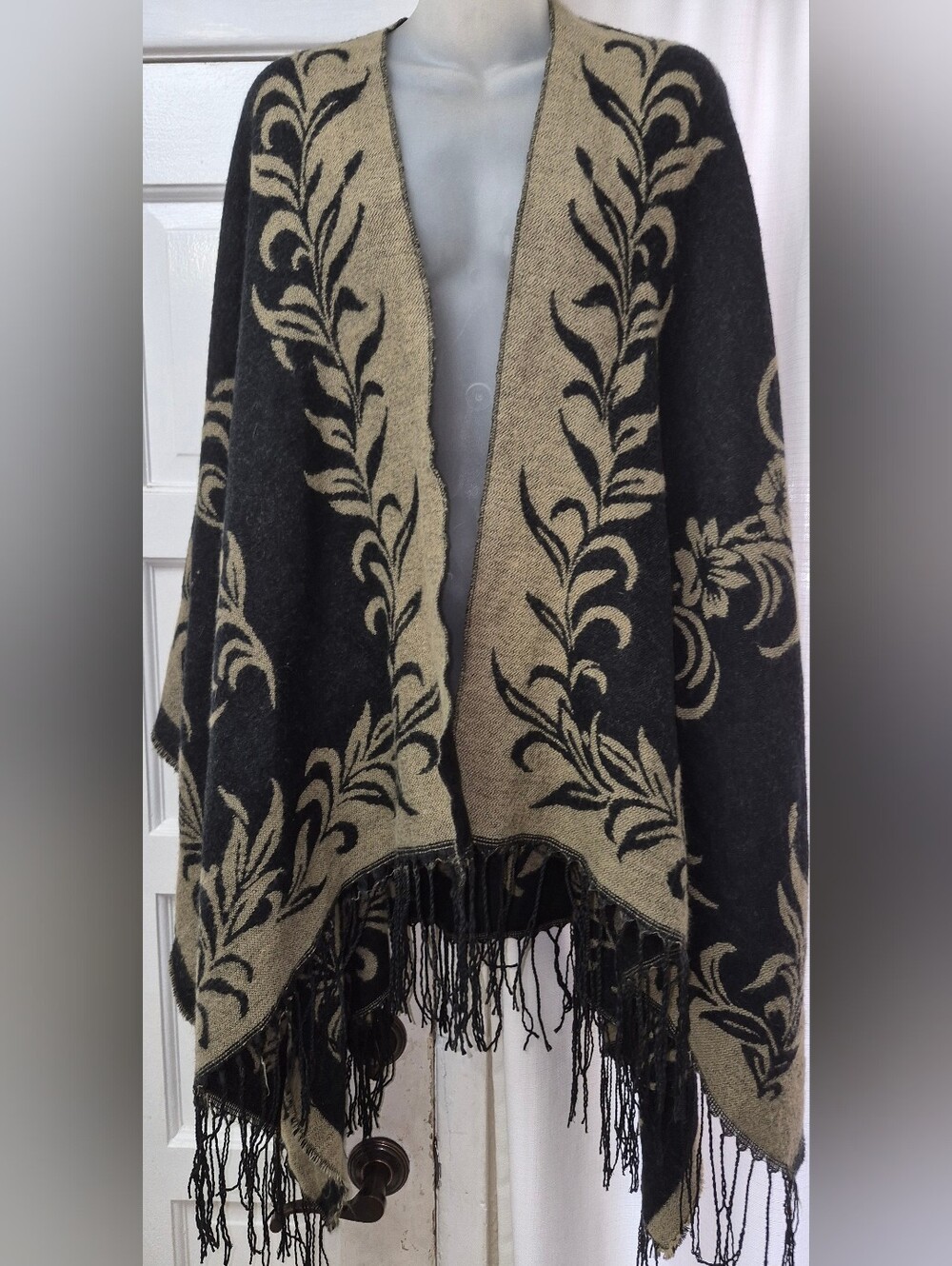 29 Palms Reversible Black Gold Botanical Knit Ruana Poncho Fringe